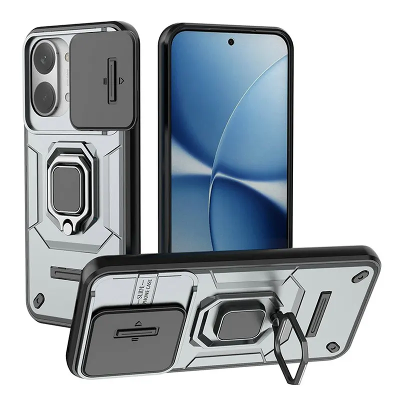 Ring Holder Armor Rugged Case with Lens Sliding Cover Design - Durable Hard Shell Protecting Your Smartphone