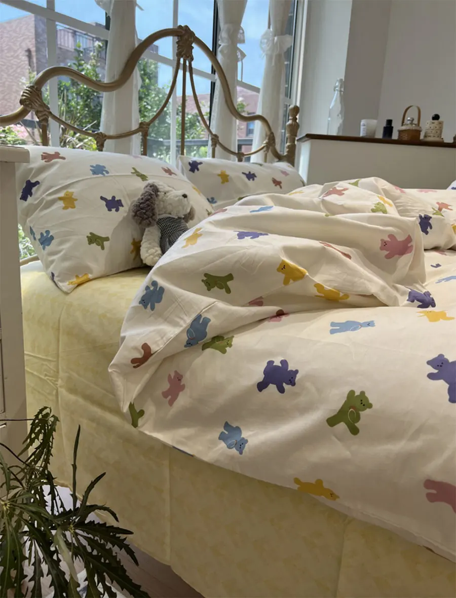 

Cute colorful bear bed set child teen,kawaii 1.2 1.5 1.8 cotton twin full queen home textile flat sheet pillow case quilt cover