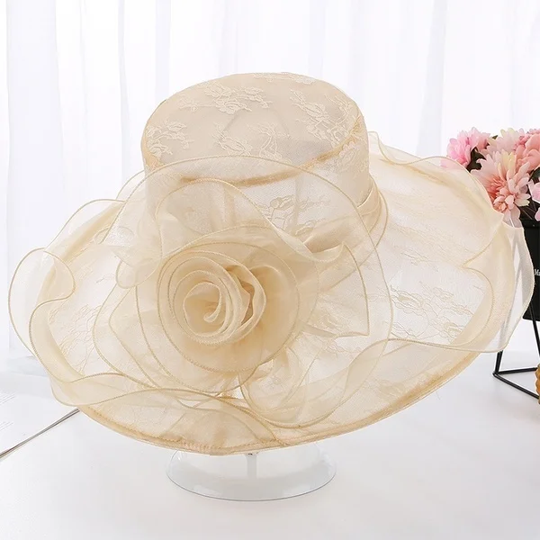 

New Summer Elegant Sun Hat for Women Wide Brim Lace Floral Floppy Hat Ladys Wedding Cap Beach Church Hat Chapeau Femme