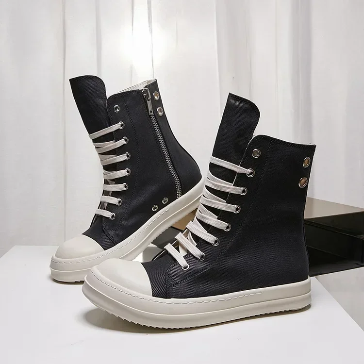 2024ss Ro  Men Shoe Casual High Top Sneaker Quality Black Ankle Boot Fashion Zip Metal O-Wen Platform Canvas Flat Street Shoe 2
