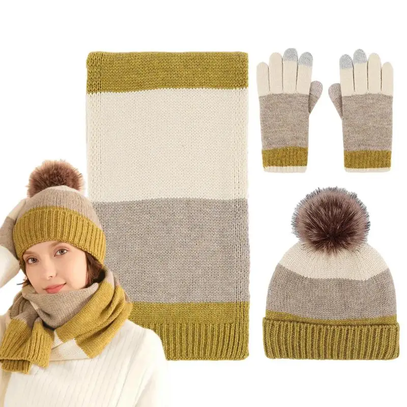 

Женский комплект из шапки, шарфа и перчаток, Зимний вязаный теплый мягкий плотный Комплект из трех предметов, Рождественский женский теплый шарф