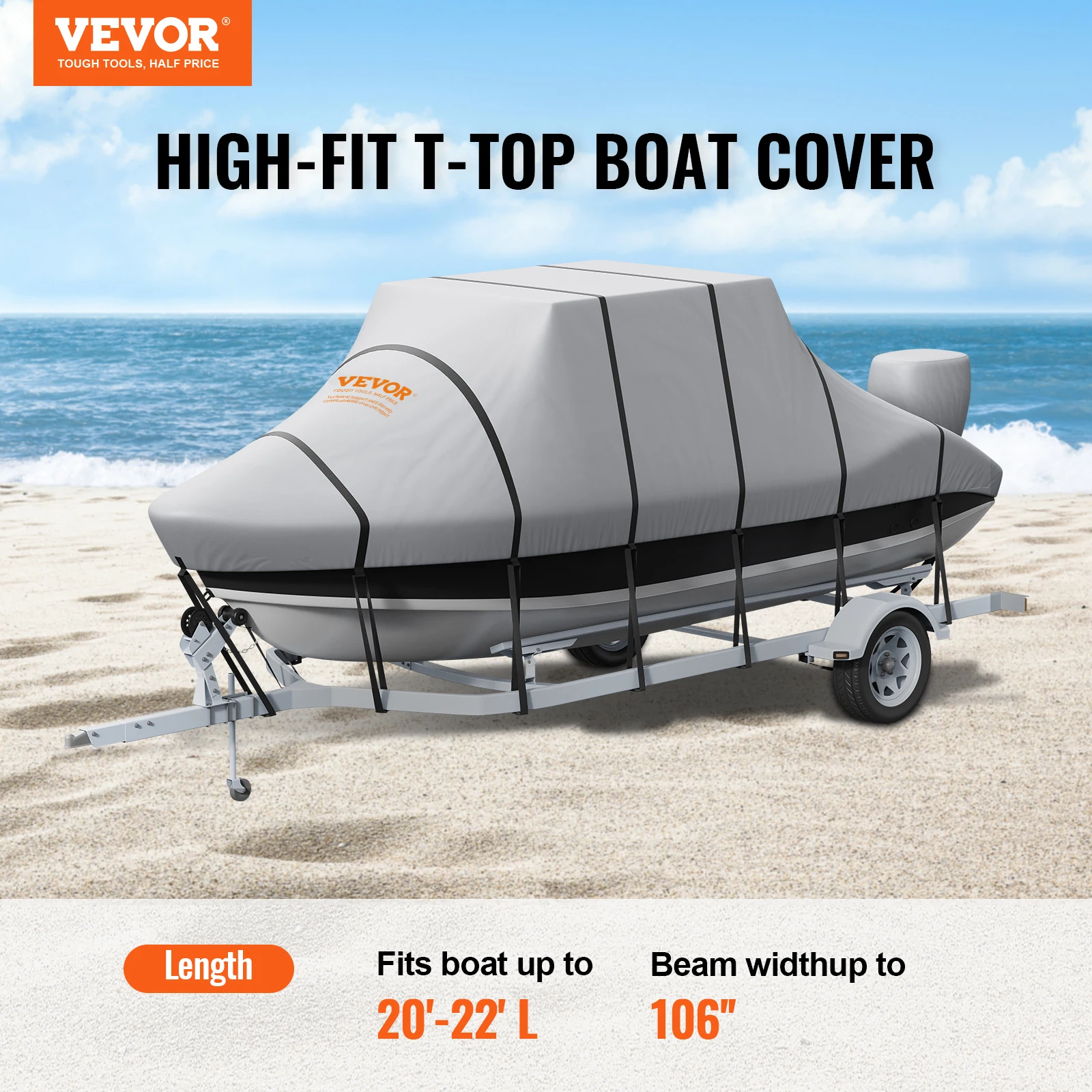 VEVOR T Top Boat Cover 20'-22' Waterproof Trailerable 600D Marine Grade PU Oxford with Windproof Buckle boat cover fishing boat cover