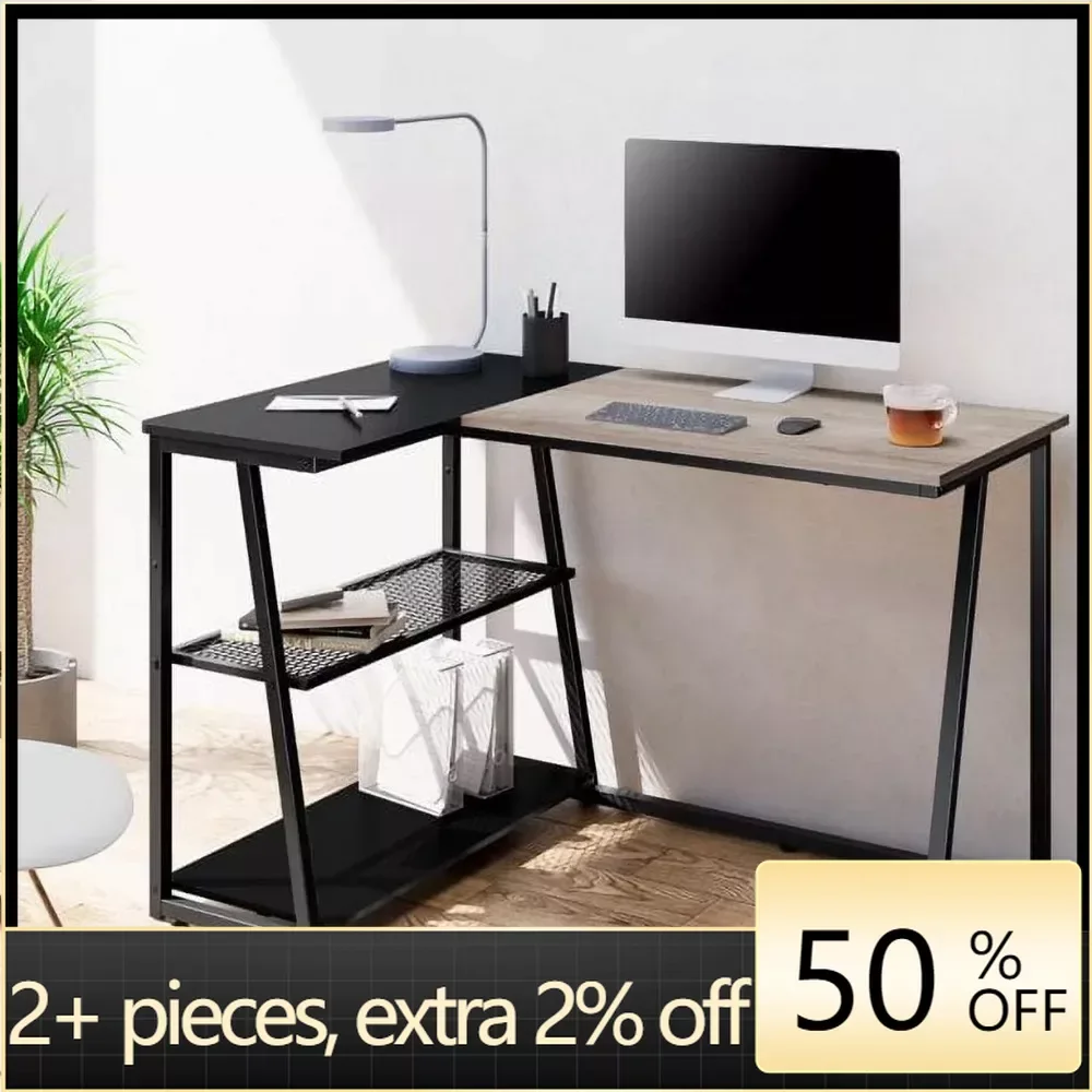 

Computer Desks Small L-Shaped Desk With Storage Shelves Oak/Black Freight Free Table Office Furniture