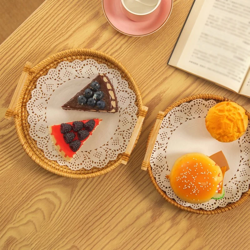 1PC Rattan Strap Handle Storage Basket Bread Snack Fruit Round Round Tray Picnic Woven Storage Basket 2