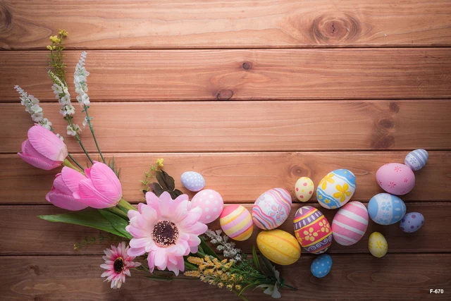 Colorful Floral Pattern Eggs Wooden Boards Spring Flowers Vase Backdrop