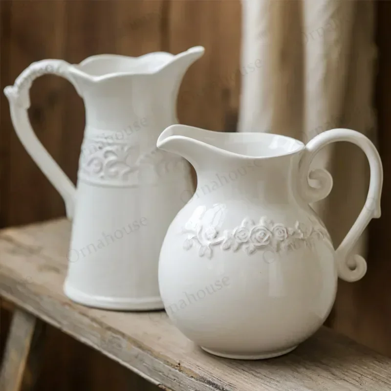 European Style Relief Ceramic Vase, Flower Arrangement, Milk Pot Vases, Living Room Decoration, Retro 2