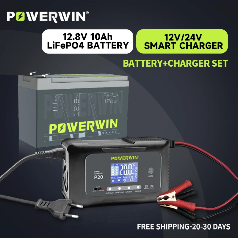

POWERWIN BT10 12V 10Ah/128Wh LifePO4 Build-in BMS P20 Battery Smart Charger 20A 12V20A 24V10A Lead-Acid Lithium Pulse Repair