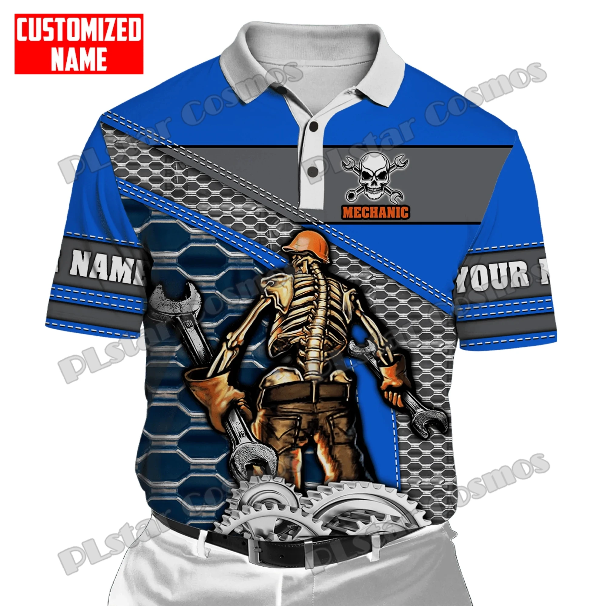 PLstar Cosmos Personalisierter Name Mechaniker Totenkopf 3D All Over Bedruckt Mode Herren Poloshirt Sommer Unisex Casual Poloshirt WK158 – Detail 15