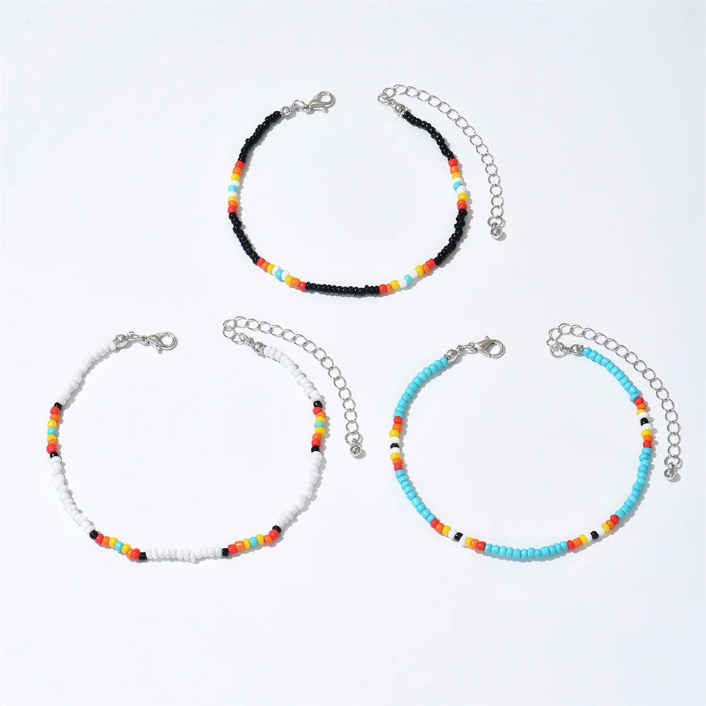 3pcs/Set Multicolor Rice Beads Anklets For Women Silver Color Rainbow Foot Chain Ankle Bracelet Beach Jewelry Summer Accessories