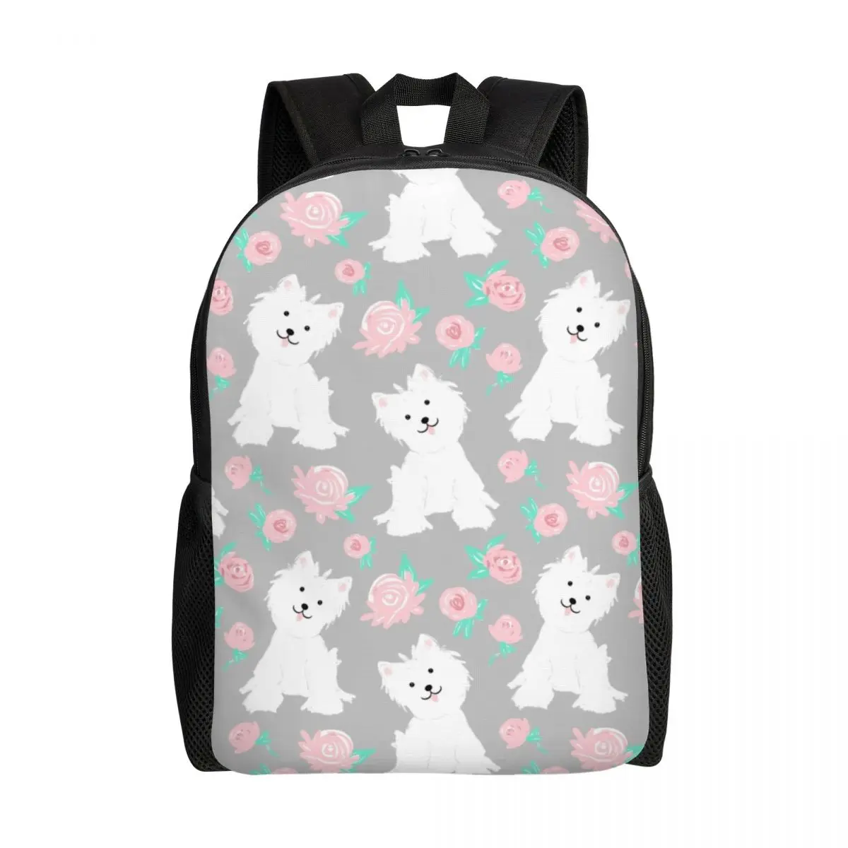 

West Highland White Terrier Puppy And Rose Flowers Travel Backpack School Laptop Bookbag Westie Dog College Student Daypack Bags