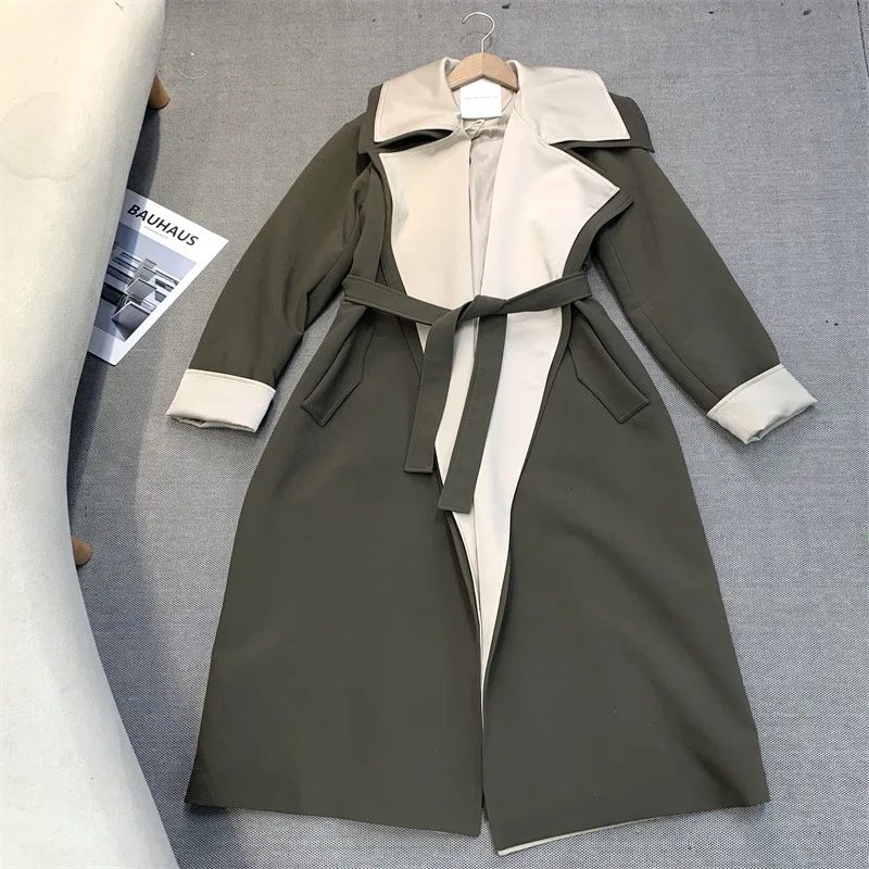 

New Fake Two-piece Contrasting Color Windbreaker Long Profile Design Sense Coat Fashion Coat 86972