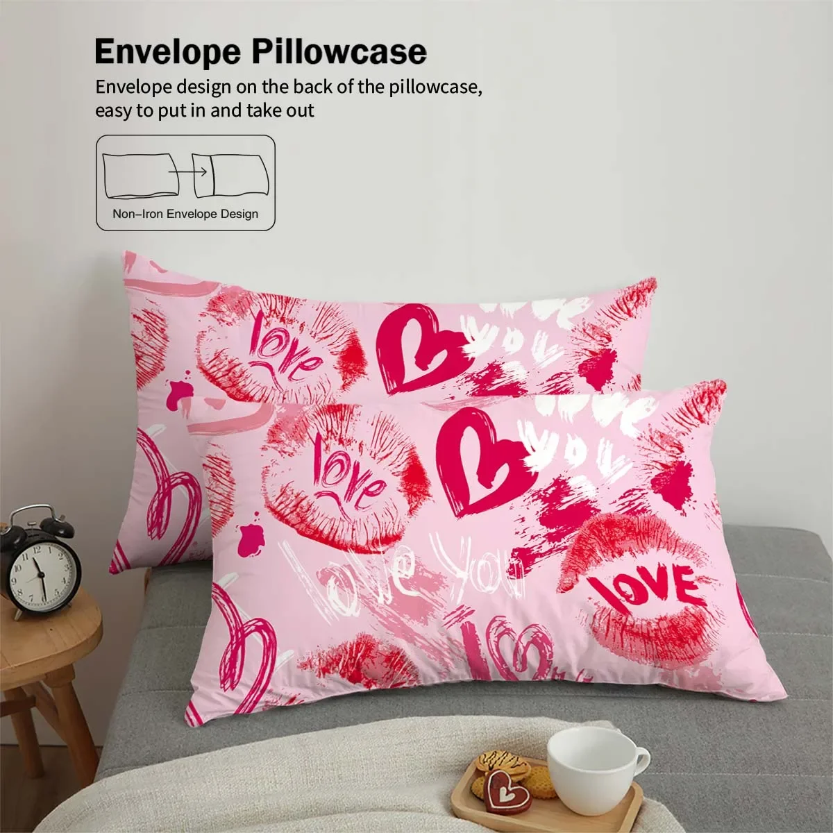 Valentine's Day Heart bedding set, skin friendly, warm, comfortable, warm pink surface, red lip print with a heart pattern