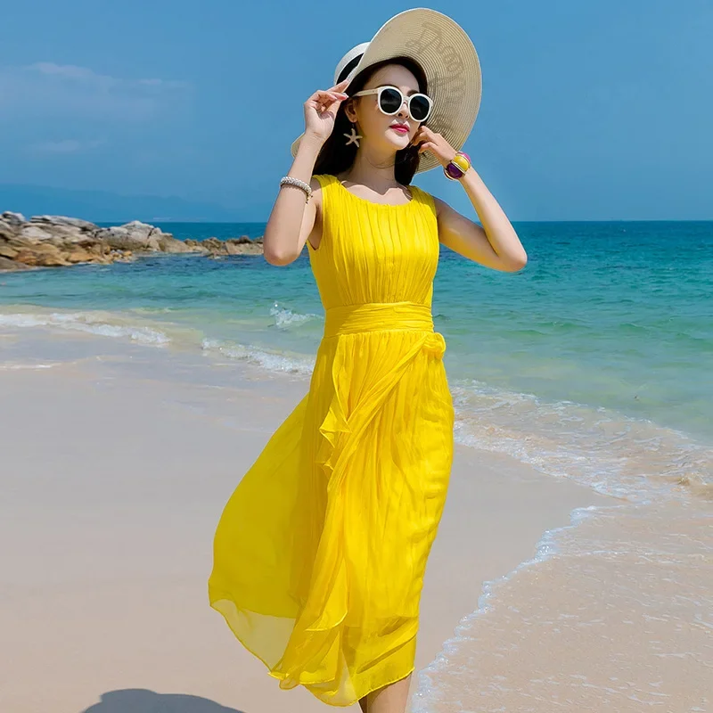 Tcyeek Summer Beach Dress Women Long Party Dress Yellow Vestidos Sleeveless  Silk Elegant Dresses Maxi Dresses Casual LWL1530 - AliExpress