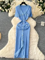 SINGREINY High Quality Elastic Knitted Long Sundress Women Short Sleeves Button Design Office Lady Vintage Split Slim Dress - Image 4