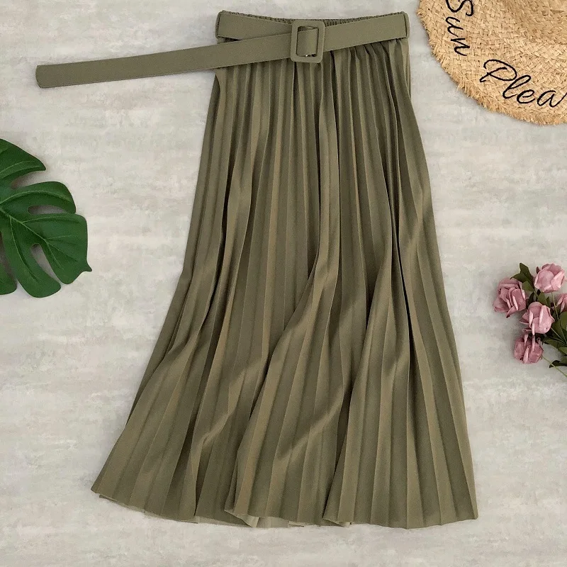 midi skirt PEONFLY New Women Fashion Belt Solid Color Pleated Midi Skirts Faldas Mujer Ladies Elegant High Waist Retro Casual Skirts golf skirt Skirts