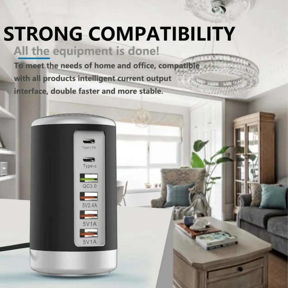 PSDA 2D 6-Port Desktop USB Charging Station 2 USB-C Ports QC3.0 Ports, PD 20W Fast Charger for iPhone 13 iPad Samsung Huawei