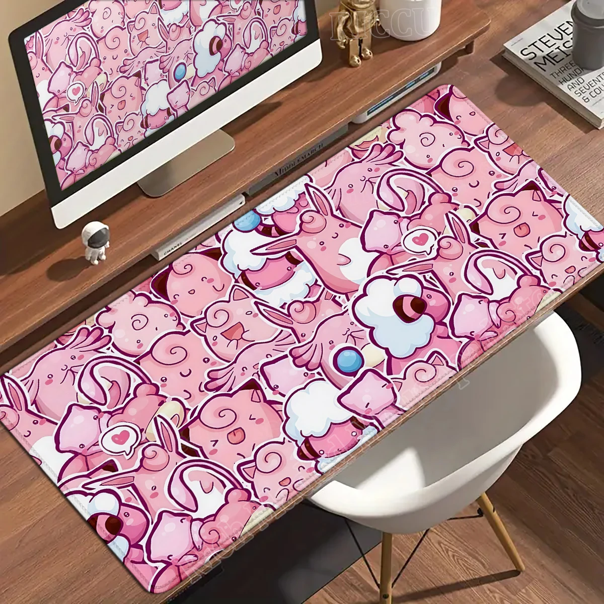 Kawaii Pink Anime Desk Mat with Clefairy & Jigglypuff Design