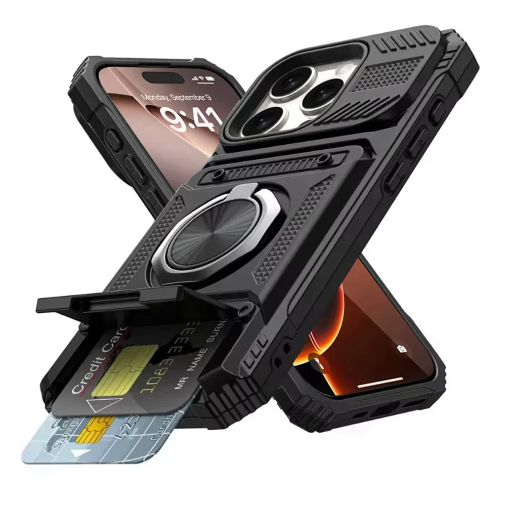 Heavy Duty Drop Shockproof Rotated Ring Kickstand Phone Cases For iPhone 17 16 14 13 15 Pro Max Plus Air Magnetic Wallet Cover