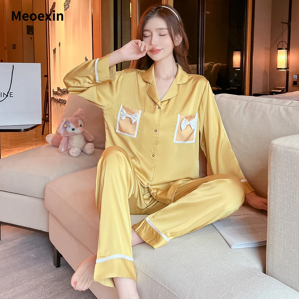 

Full Sleeved Long Pants Ice Silk Solid Color Set Summer Thin Bowknot Underwear Set The Shirt Has Two Pockets Home Clothes Suit