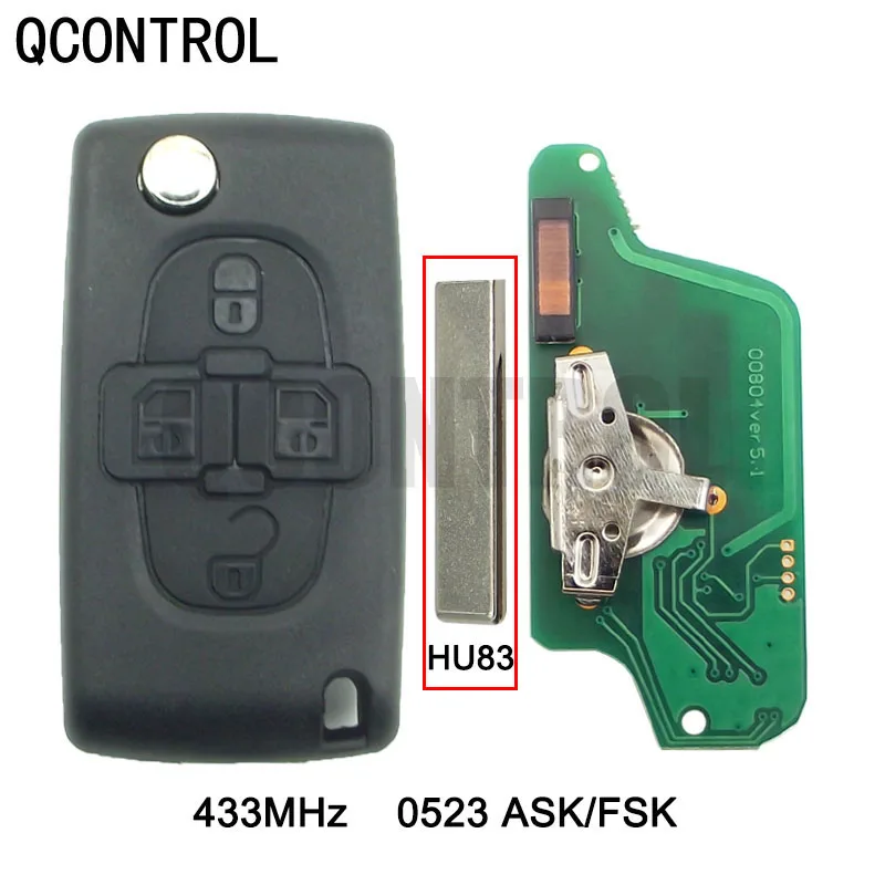 QCONTROL 433MHz Car Remote Key  Fits for  Citroen C8 auto key (CE0523 ASK/FSK) 4 Buttons HU83 Blade kigoauto ce0523 flip remote key 3 button hu83 434mhz pcf7941 ask for citroen c2 c3 c5