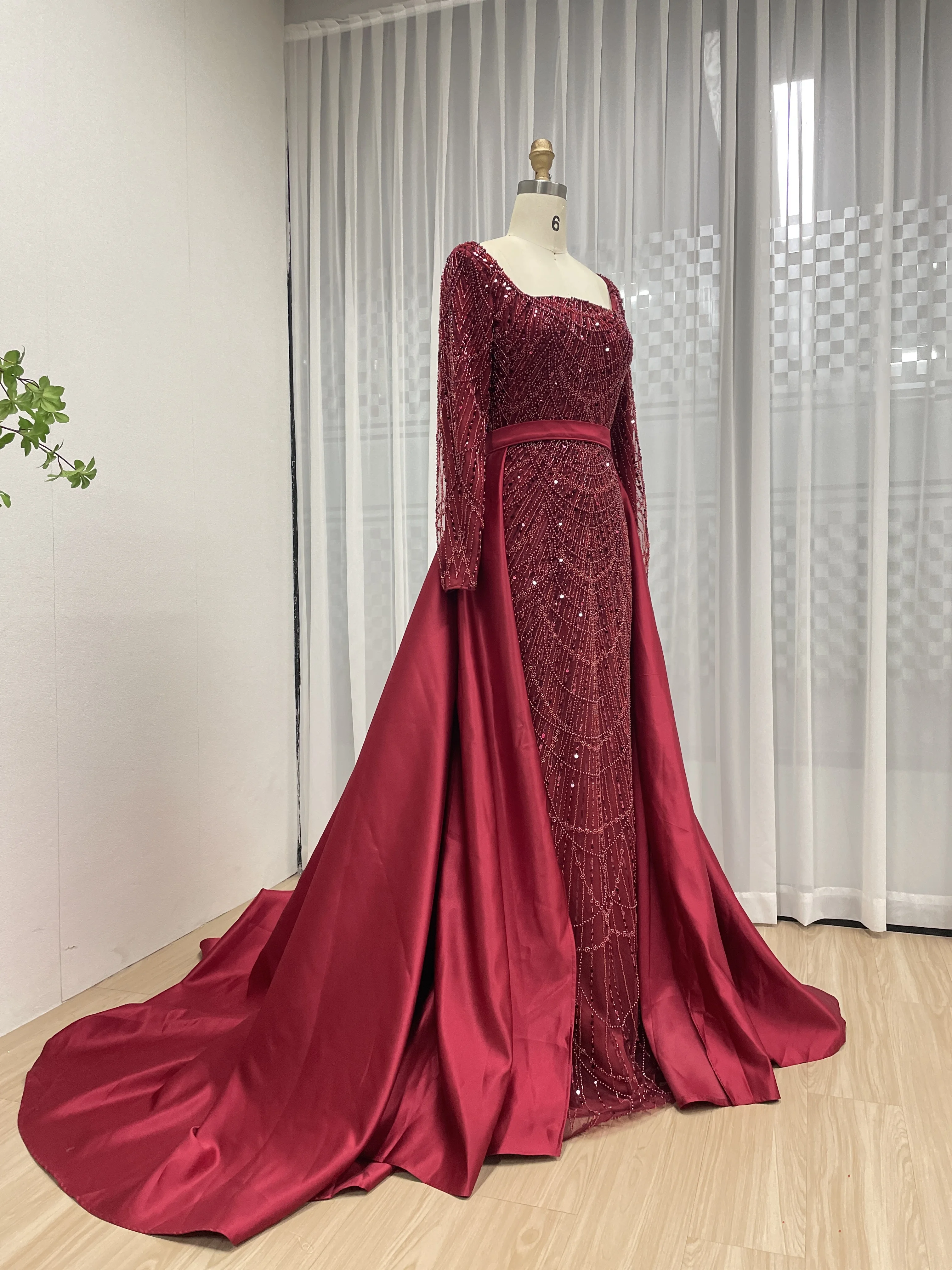 MYMB Saudi-Arabien Luxuriöses weinrotes Perlen-Meerjungfrau-Abendkleid mit abnehmbaren Damen-Partykleidern für formelle Anlässe, neu MY30153 – Detail 9
