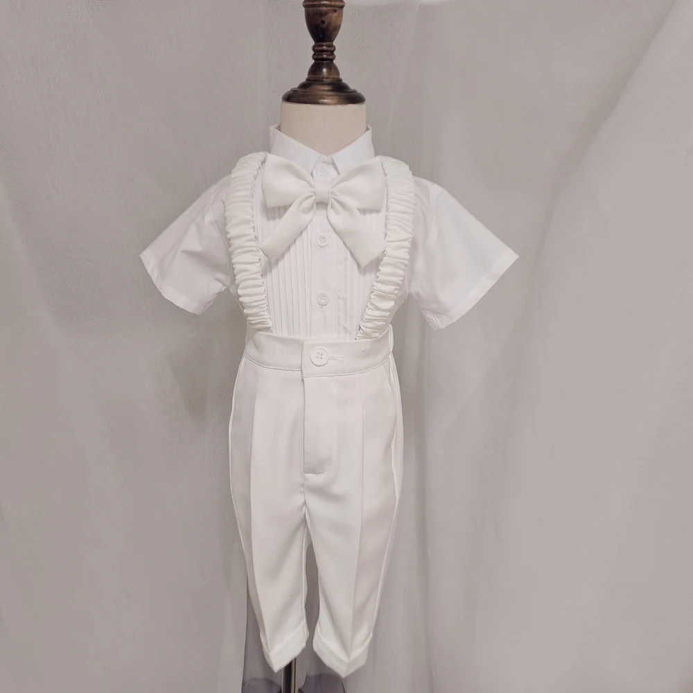 Kids Suit Shirt Strap Pant Bow Tie Clothing Set White Boys Photograph Suit School Children Piano Performance Dress Costume 5PCS
