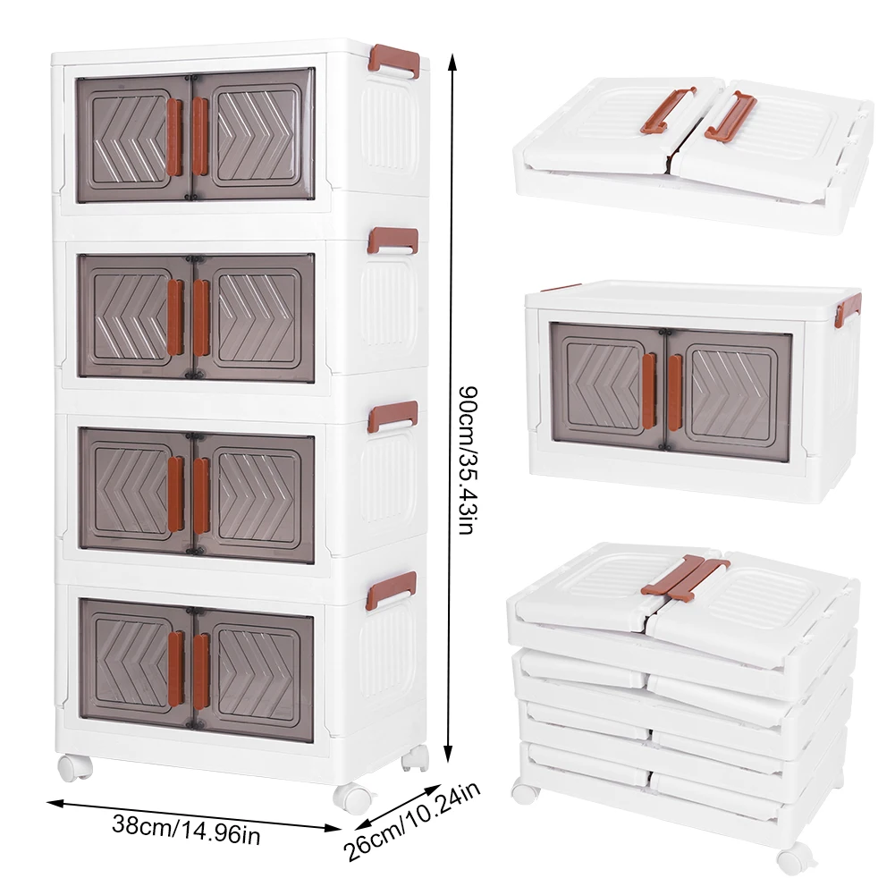 4 Tier Plastic Storage Box with Doors & Wheels Folding Storage Boxes Stackable Closet Organizers for Living Room Bedroom Office