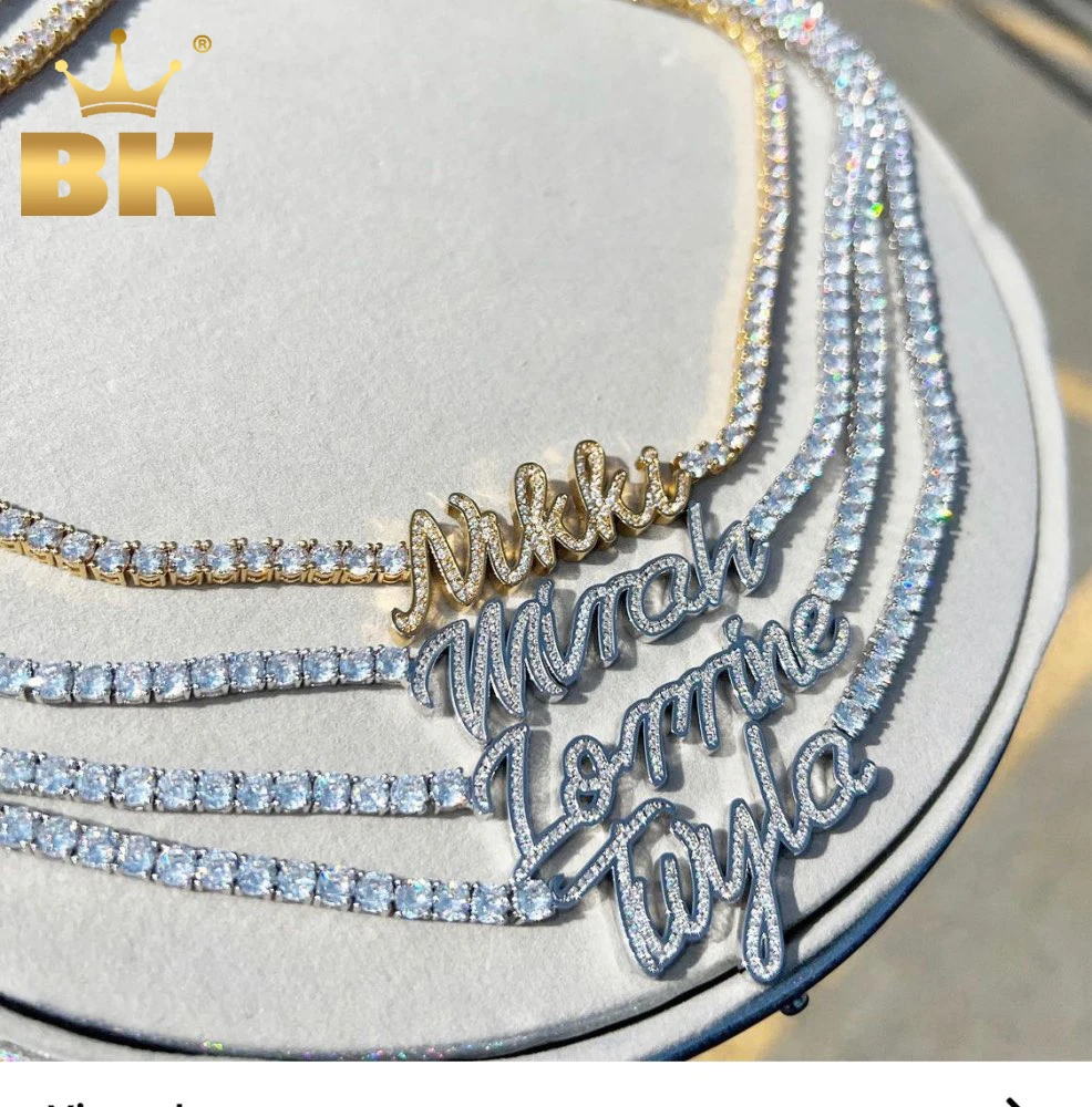 

TBTK Custom Cursive Letters Pendant Iced Out Bling Cubic Zircon With 4mm Tennis Chain Necklace Charm Hiphop Jewelry