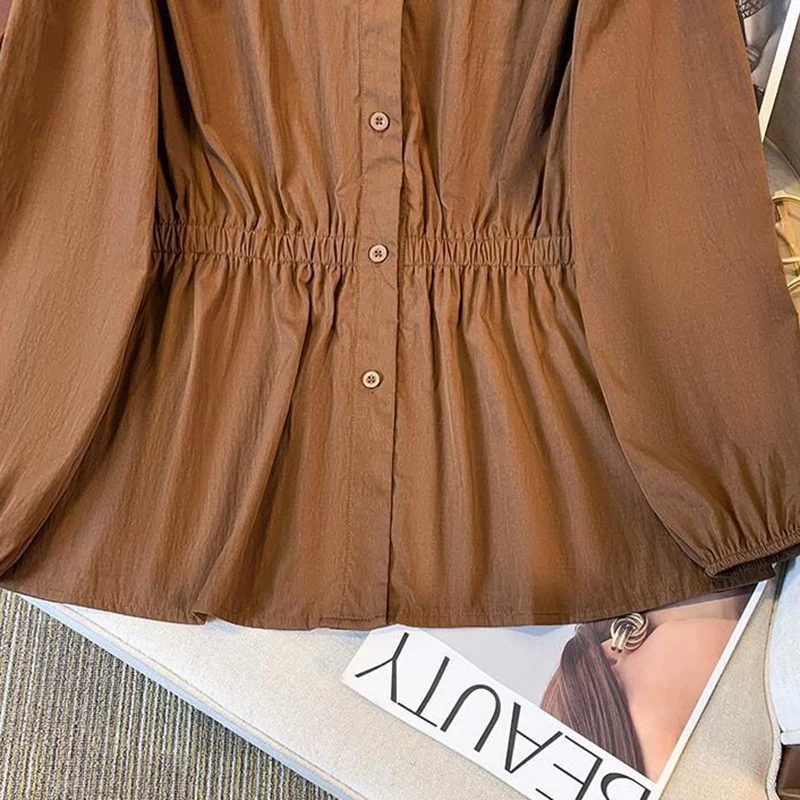 200 Pfund, Übergröße, einfarbig, V-Ausschnitt, elastische Taille, langärmelig, einreihiges Hemd und Bluse, einfaches Oberteil, lässige Damenbekleidung – Detail 6