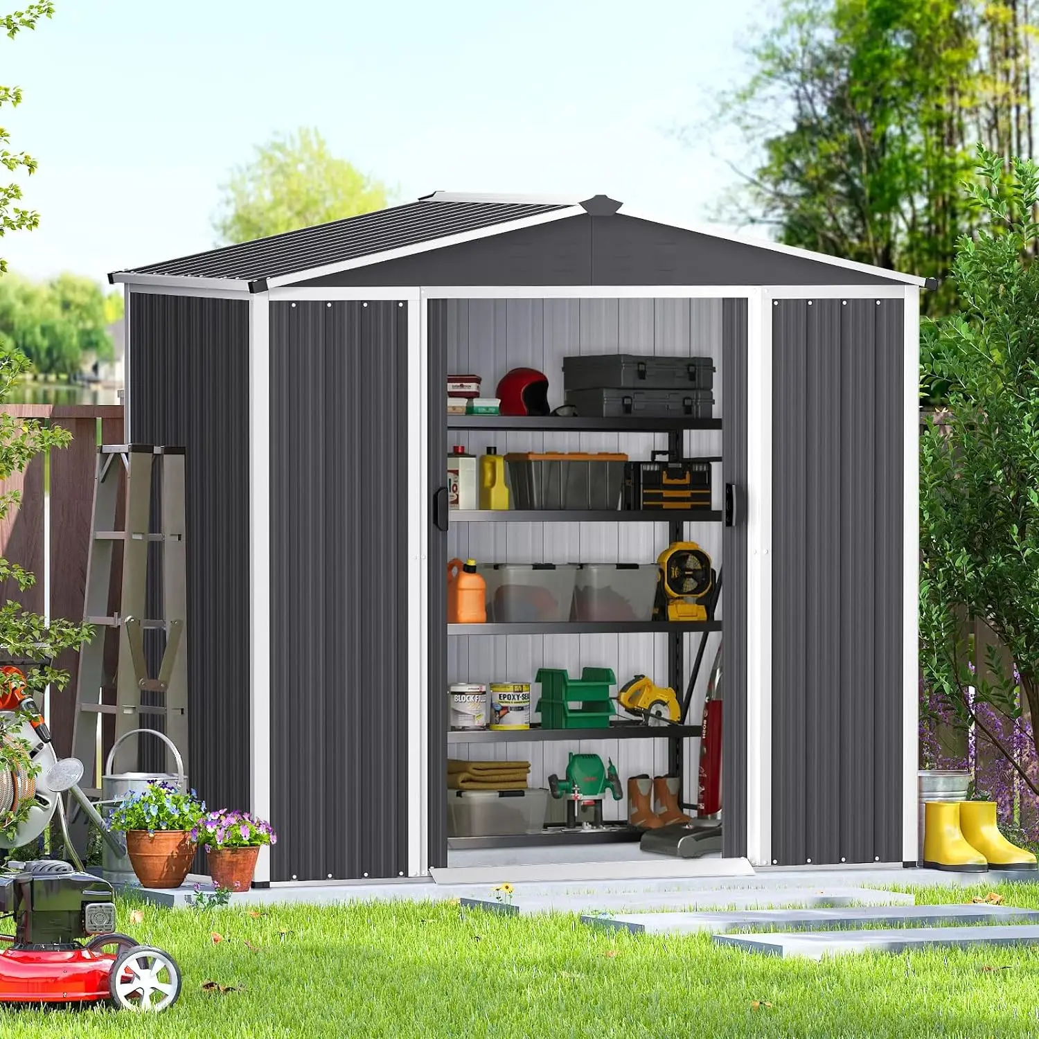 4x6 FT Outdoor Storage ,Double Sloping Roof, Metal Shed Kit with Double Doorknobs and Air Vents Galvanized Storage, Grey