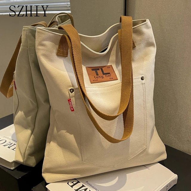 Fashion Khaki Canvas Soft Tote Bag Large Shoulder Bags for Women