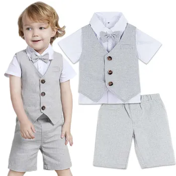 Set di vestiti per neonato Set di abiti da sposa per bambini Completo per festa di compleanno per bambini Gemtleman Set di vestiti formali in cotone a maniche corte 3 pezzi
