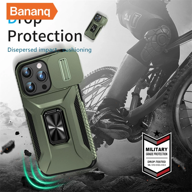 Bananq Slide Push Window Kamera-Rückseitenhülle für iPhone 15 14 Plus 13 12 Mini 11 Pro Max Stoßfester magnetischer Ringständer_voghion.com