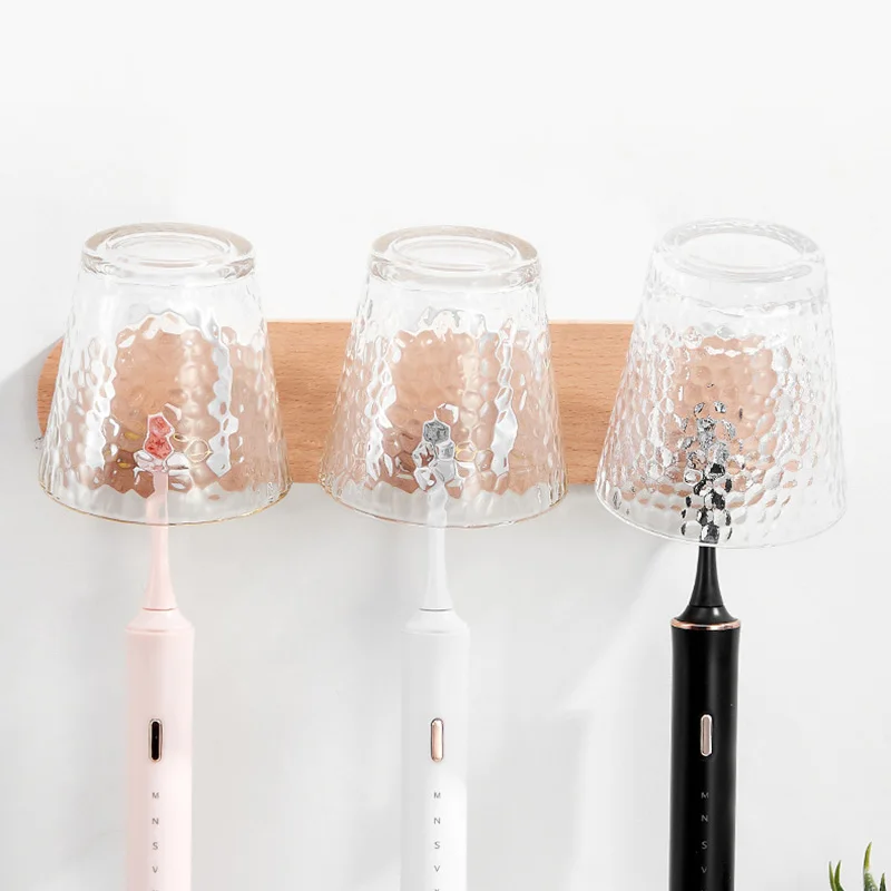 Wall-mounted Bathroom Toothbrush Rack With Gargle Cup Wood Toothbrush Cup Holder White Toilet Electric Storage Rack