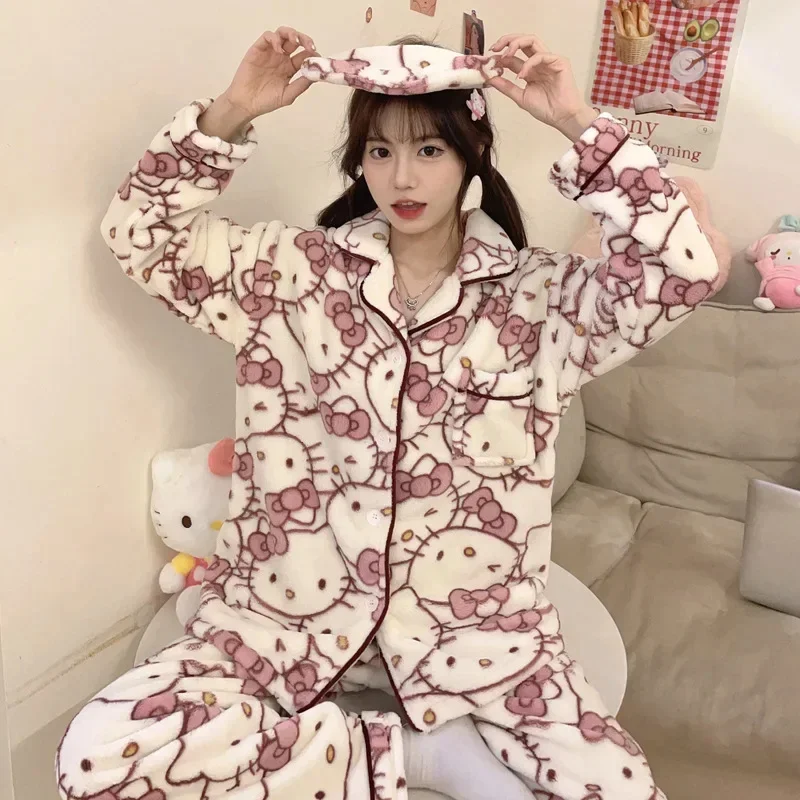 

Sanrio Hello Kitty Home Wear Pajamas Female Autumn and Winter Coral Velvet Thickening Cartoon Sweet Long Sleeved Pants Pajamas