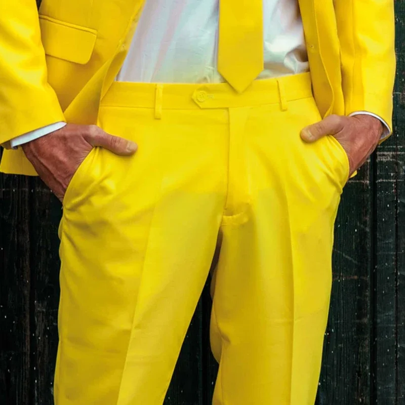 Yellow Casual Men Suit For Prom 2 Piece Slim Fit Groomsmen Tuxedo With Notched Lapel Wedding Male Fashion Blazer Pants