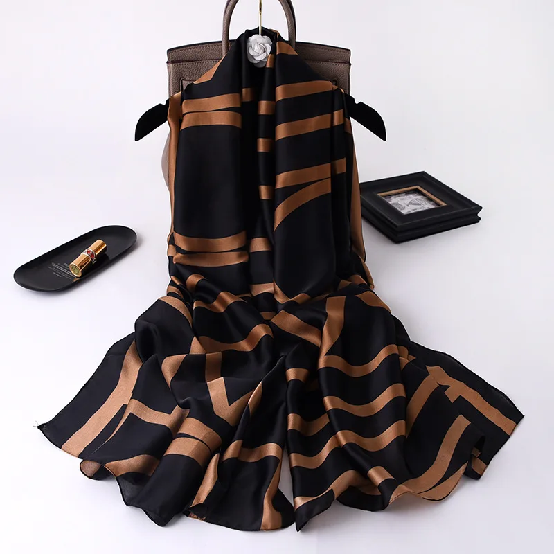 

Fashion Stripe 180*90cm kerchief Ladies Sunscreen Scarf Popular Satin Silk New Print Beach Towel Luxury Shawls bandanna foulard