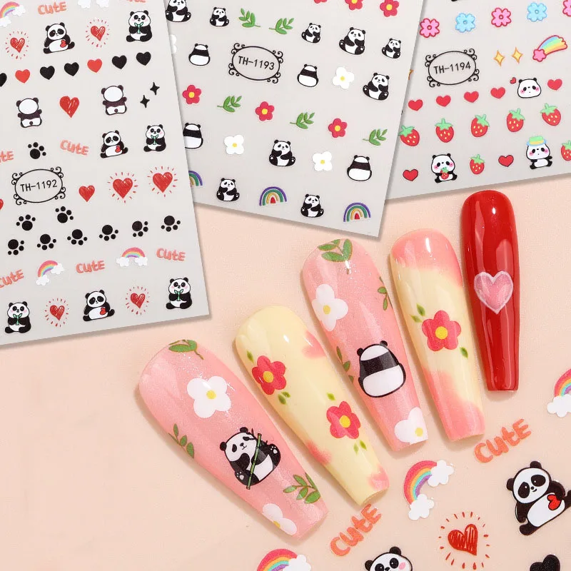 

3D Cute panda stickers press on nails back adhesive foils pegatinas DIY manicure accesories kawaii designs sliders nail decals