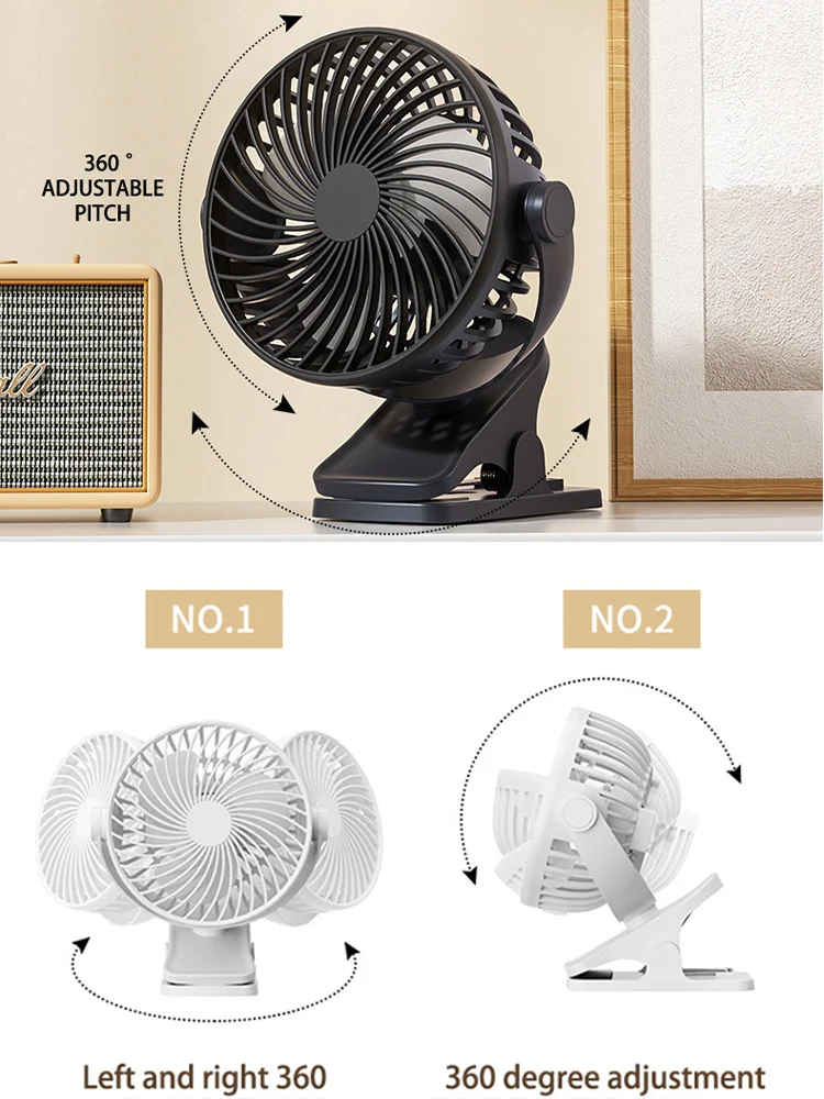 USB Rechargeable Portable Clip Fan 360° Rotation Adjustable Handheld Electric Table Fan Cooling For Student Dormitory Office