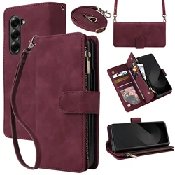Leather Business Phone Case with Zipper Wallet and Card Slots - Magnetic Flip Cover - Galaxy Z Fold 5 (Wine red)