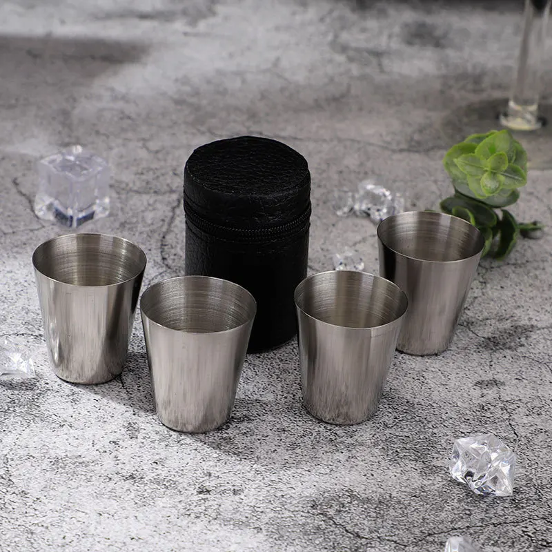 1/2/4pcs 30ml Set Polished Mini Stainless Steel Shot Glass Cup Drinking Wine Glasses with Leather Cover Bag for Home Kitchen Bar