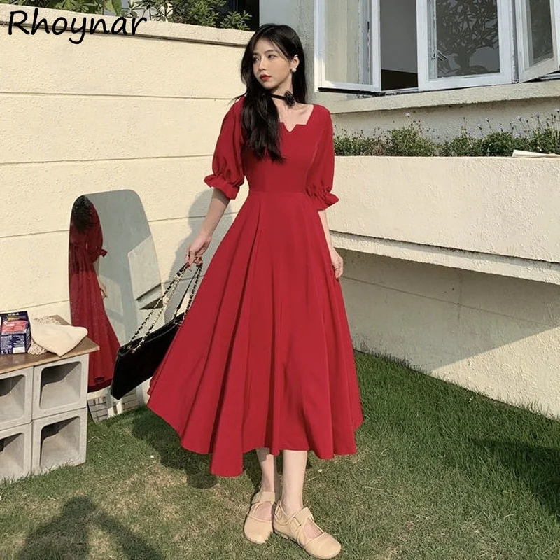 

Dress Women Summer Vintage Daily Popular Fashion Fit Korean Style Chic Elegant Sweet Square Collar Simple Solid A-Line Casual