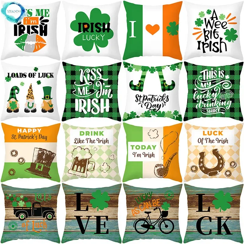 

St. Patrick'S Day Green Four-Leaf Pillow Case Home Decor Polyester Cushion Cover for Livingroom Decoration Throw Pillow Covers