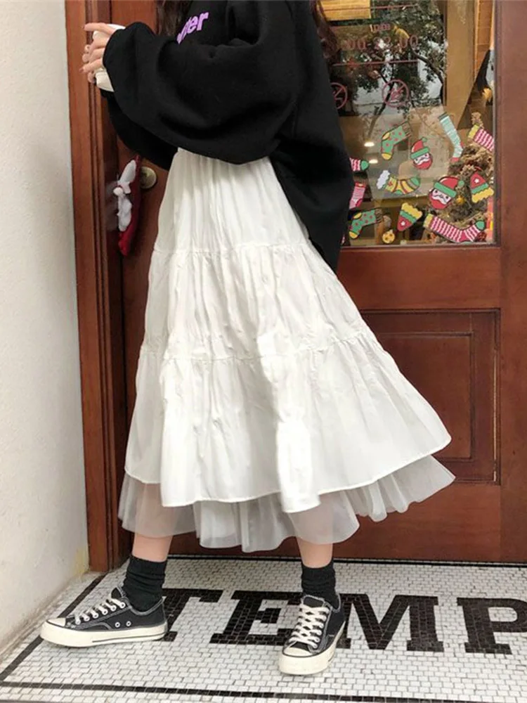 Long Tulle Midi Skirts Womens  Autumn Elastic High Waist Mesh Tutu Pleated Skirts Female Black White Long Skirt Streetwear 3