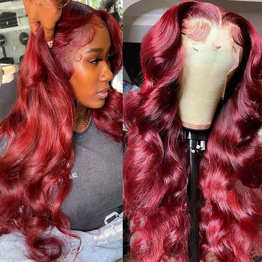 

99J Burgundy Body Wave Wigs 13x4 Transparant Lace Front Wig Brazilian Red Water Wave 13x6 Lace Frontal Wig For Women
