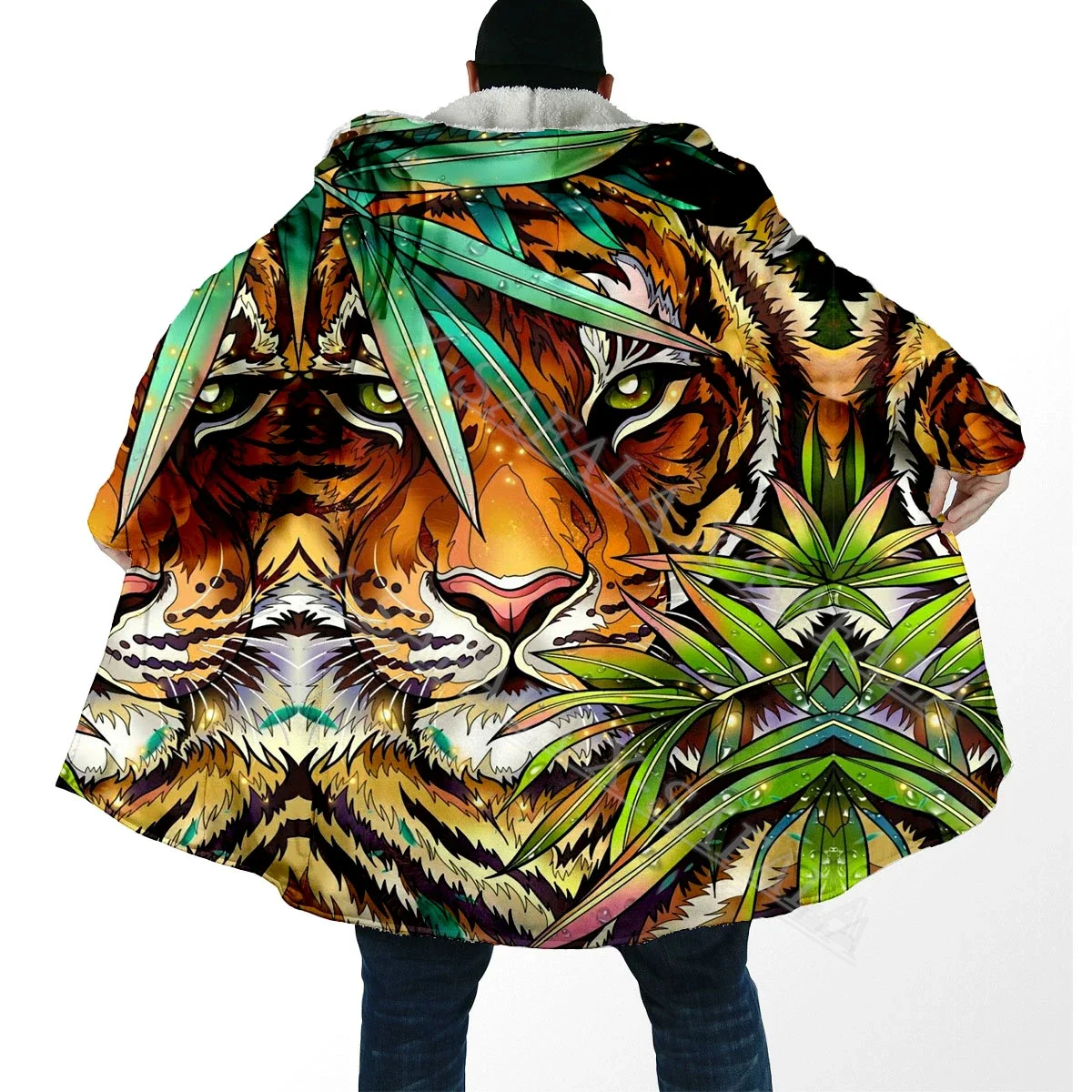

Tiger Animal Art Viking Tattoo 3D PRINT Thick Warm Hooded Cloak Men Overcoat Coat Windproof Fleece Cape Robe Hooded Blanket-2