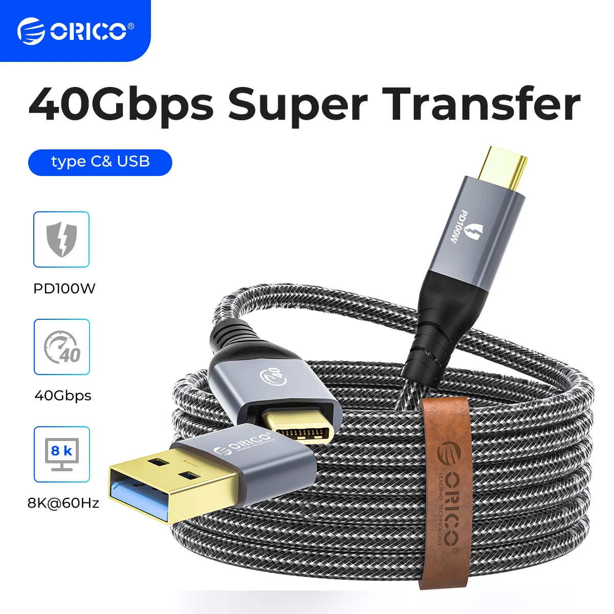 Cavo Usb C Orico 2 In 1 40Gbps Pd100W Cavo Di Ricarica Rapido 8K @ 60Hz Hd Usb 3.0 A Cavo Usb C Per Macbook Thunderbolt 4 Ps4