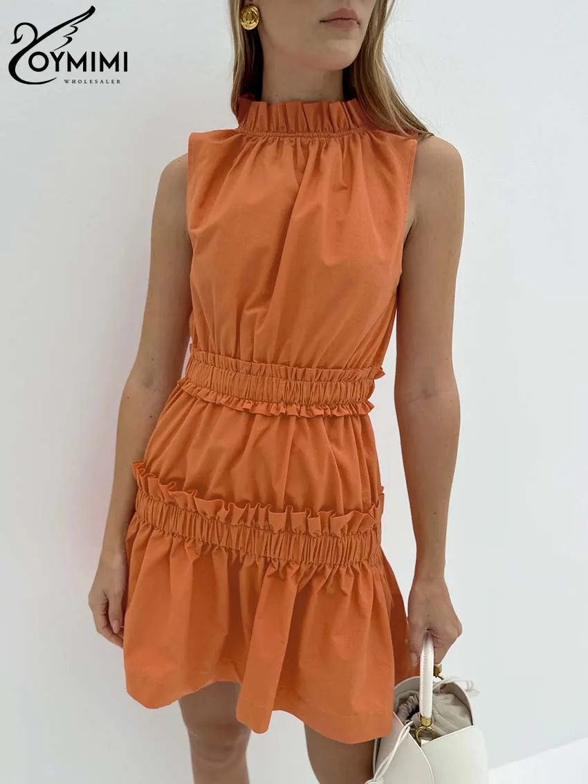 

Oymimi Elegant Orange Pleated Women's Dress Casual Stand Collar Sleeveless Dresses Streetwear Fashion High Waist Mini Dresses