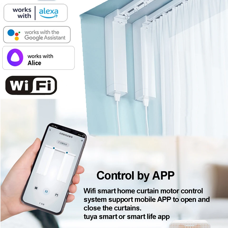S62571d4b66d540e49ba2c60362afffc4J Tuya Newest shorter Smart WiFi engine Motorized curtain cornice Intelligent Track curtain motor Support Alexa Google home Alice Mallzona