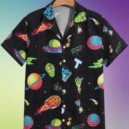 

Men's Alien Print Shirt Summer Alien and UFO Pattern Shirts Men's Hawaii Beach Short Sleeve Shirt Men's Vacation Casual Shirt